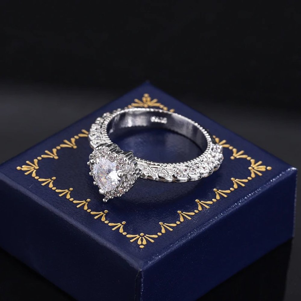 Heart Shaped Bridal Ring .925 Solid Sterling Silver, 18K White Gold Finish - Picture 3 of 6